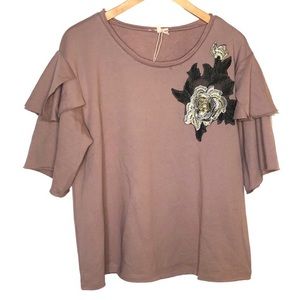 Mystree Mauve Pink Half Sleeve Sweatshirt Large Statement Sleeves Embroidered